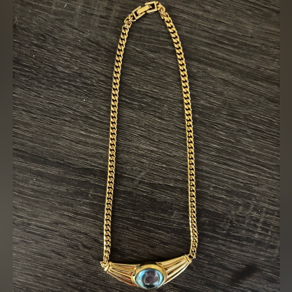 80s Monet Signed Large Chain Link Necklace Goldtone Aqua Blue Stone